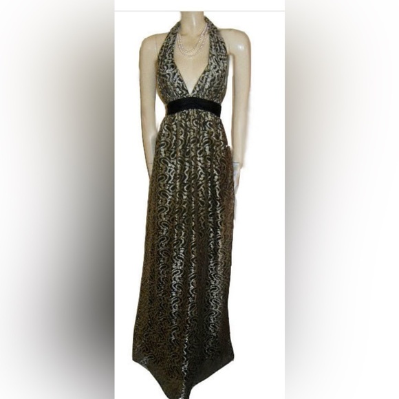 Kay Unger Halter Plunge Neck silk lace Maxi Dress gown Black gold Whimsigoth 6 - Picture 1 of 12
